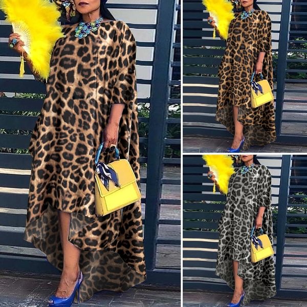 S-5Xl Women 3/4 Sleeve Irregular Hem Long Dresses Fashion Leopard Print Holiday Party Dress Kleid - BlackFridayBuys