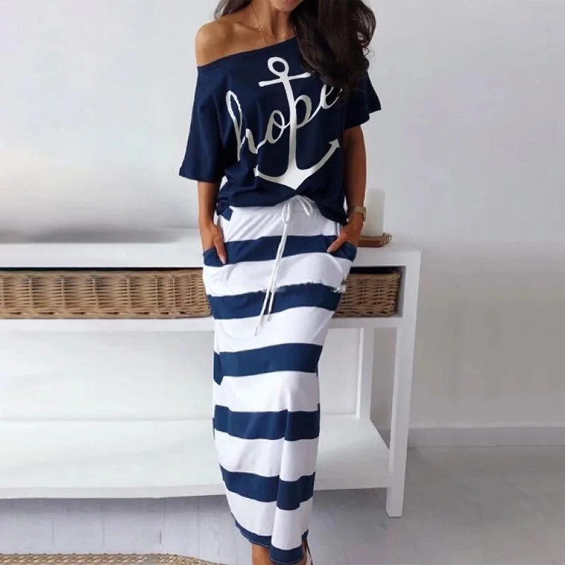 UForever21 Stripe Dress Short Sleeve Off Shoulder Beach Skirts Loose O-Neck Women Set Print And Top Casual Summer 2 Piece/Set Long Regular
