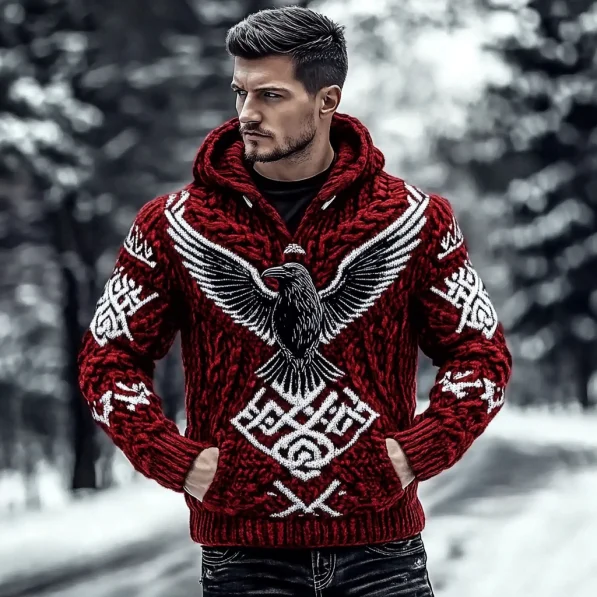 Men's Viking Raven And Rune Knitted Warm Hooded Sweater