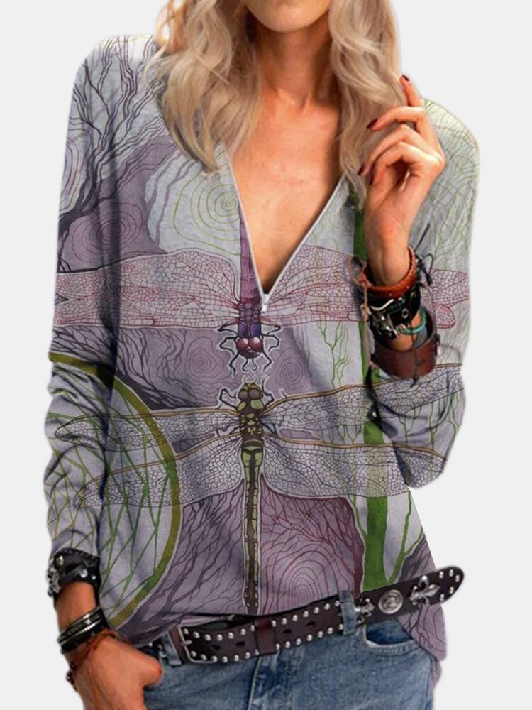 Dragonfly Print Long Sleeve V neck Zipper T Shirt For Women P1770646