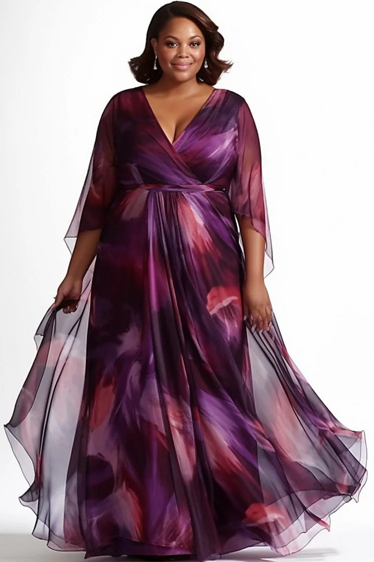 Xpluswear Design Plus Size Mother Of The Bride Elegant Purple All Over Print Wrap Neck 3/4 Sleeve Flounce Chiffon Maxi Dresses 