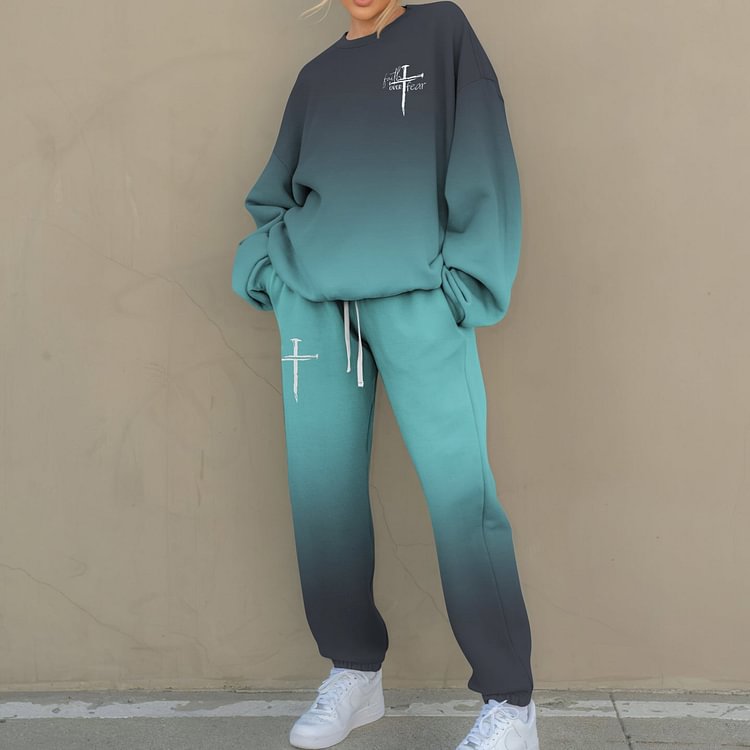 VChics Faith Over Fear Cross Print Casual Sweatshirt Two Piece Set