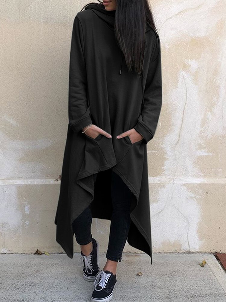 Solid Color Pockets Asymmetrical Hem Hooded Long Blouse P1734490