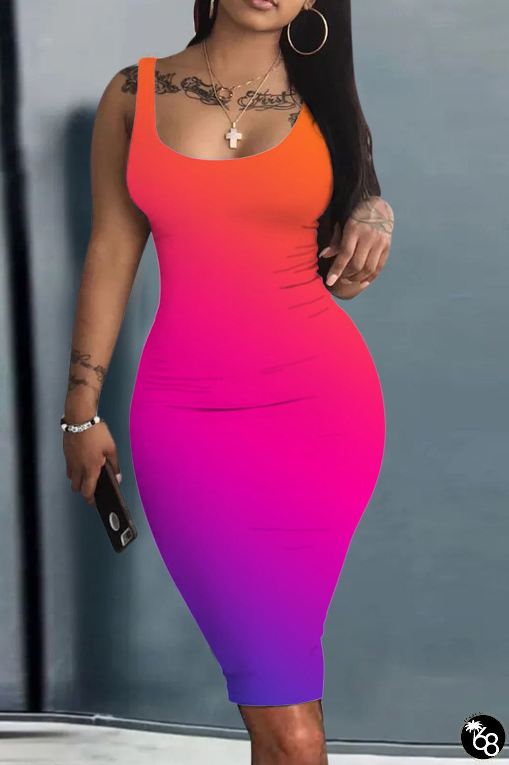 Orange Casual Print Basic U Neck Vest Dress Dresses | 168DEAL