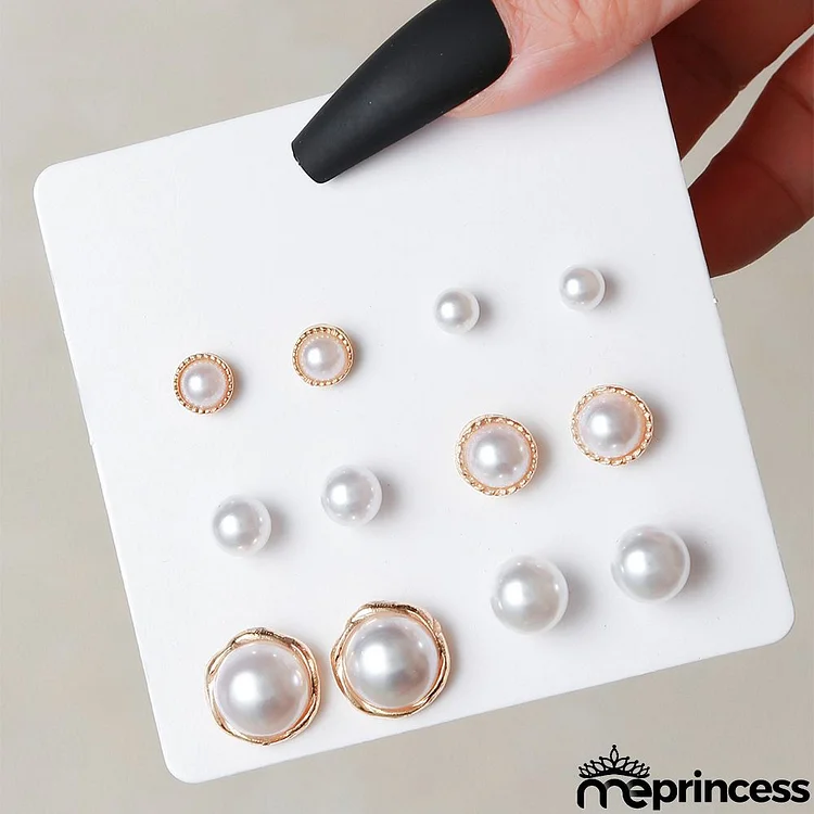 Women Fashion Simple Imitation Pearls Geometric Stud Earrings Set