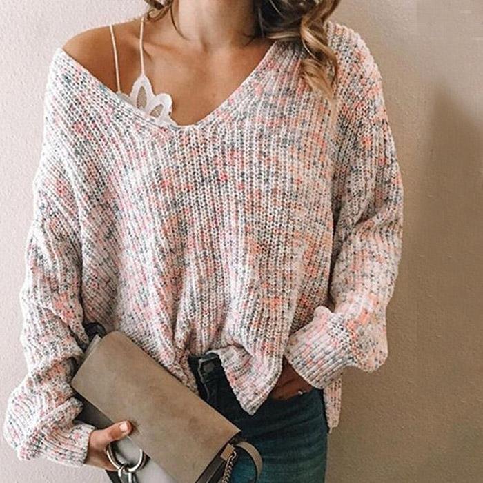 Comstylish Multicolor Knitted Casual V-neck Sweater