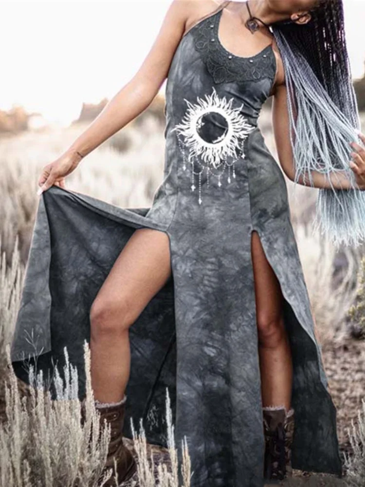 Ethnic Totem Slit Tie Dye Maxi Dress