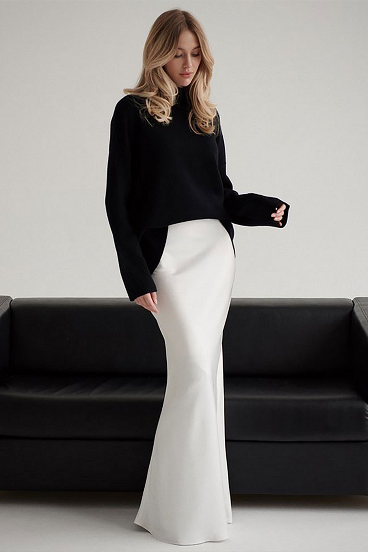 Solid Color Fishtail Hem Slim Fit Satin Maxi Skirt-Black