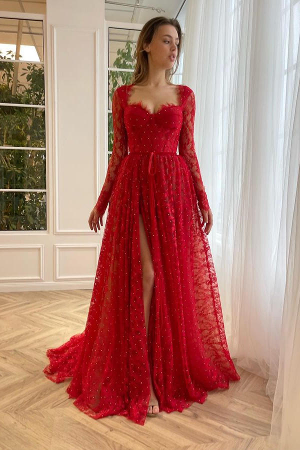 Dresseswow Long Sleeves Red Lace Prom Dresses Split With Lace Beads