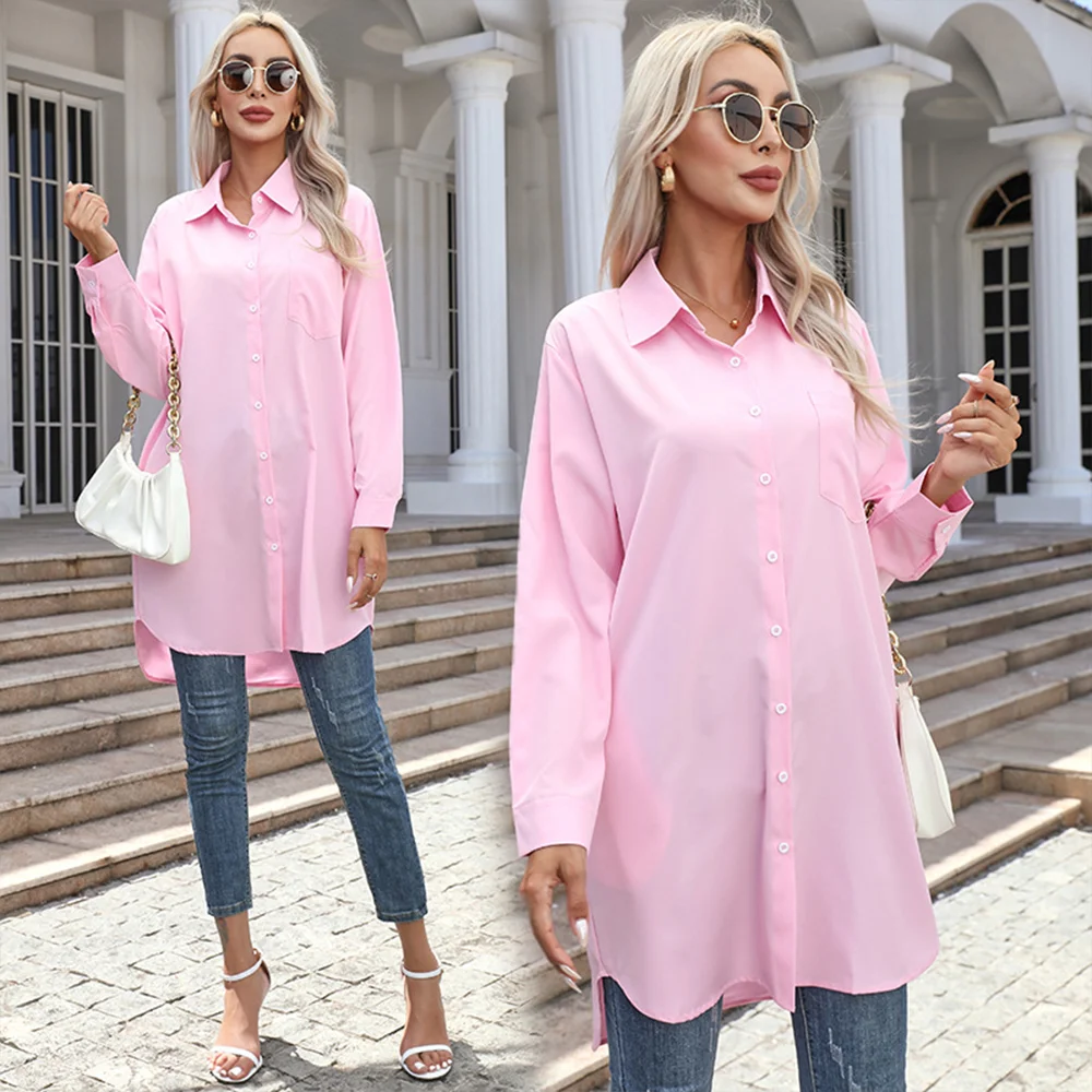 Smiledeer Fashionable long solid color casual long-sleeved shirt for women