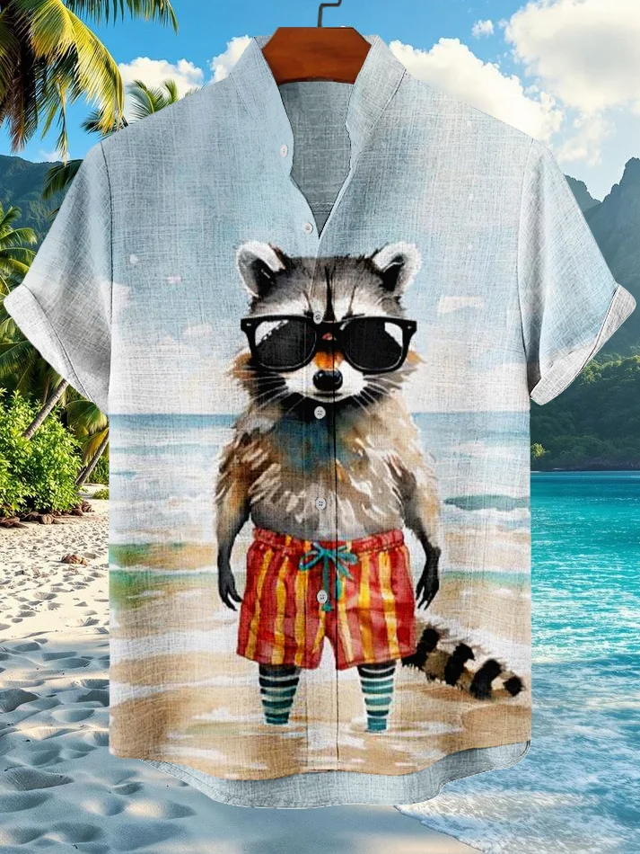 Men's Cool Raccoon Watercolor Art Print Short Sleeve Shirt
