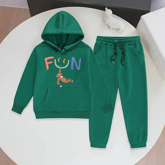 【2Y-13Y】Festive Fleece-Lined Hoodie And Jogger Set With Fun Banana Monkey Cartoon Design For Kids