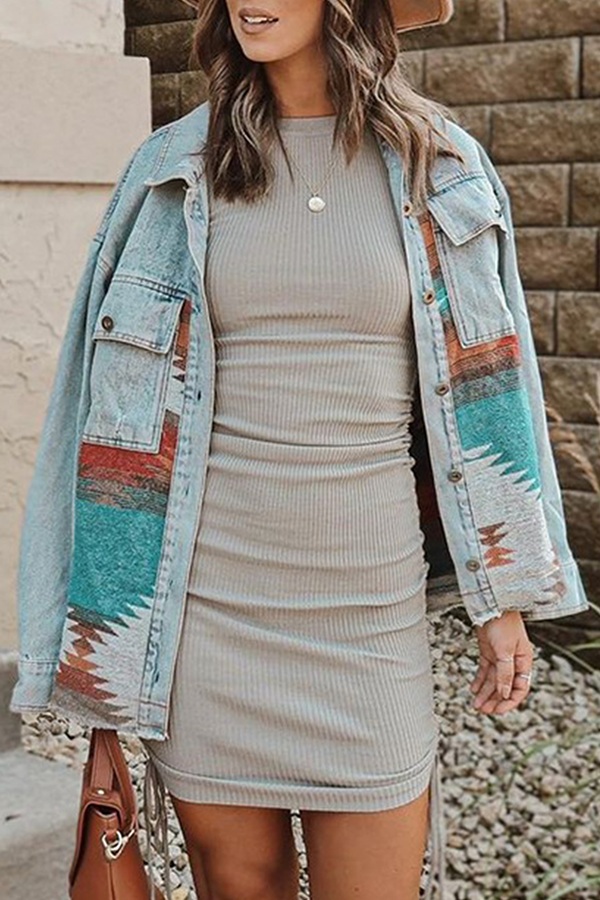 Casual Print Pocket Buckle Turndown Collar Outerwear - Life is Beautiful for You - SheChoic