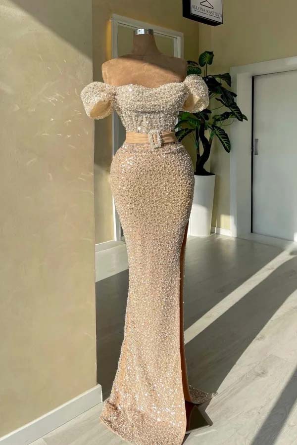 Champagne Beaded Split Off-The-Shoulder Evening Dress With Belt｜Acodress  ZT0399