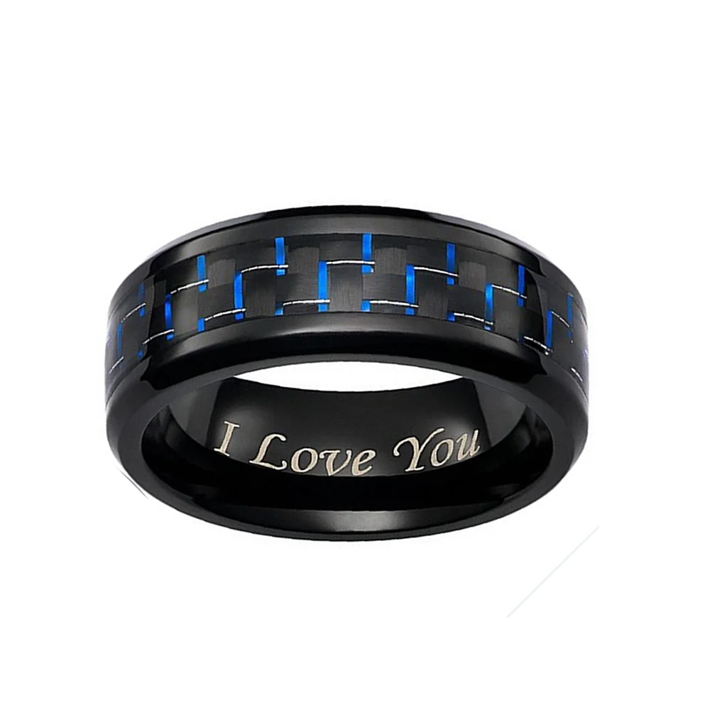 8mm I LOVE YOU Blue Black Carbon Fiber Mens Tungsten Ring Polished Beveled Edge