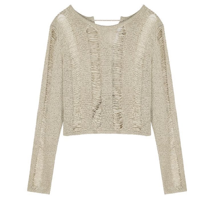 Plain Lace-Up Distressed Knit Top T12