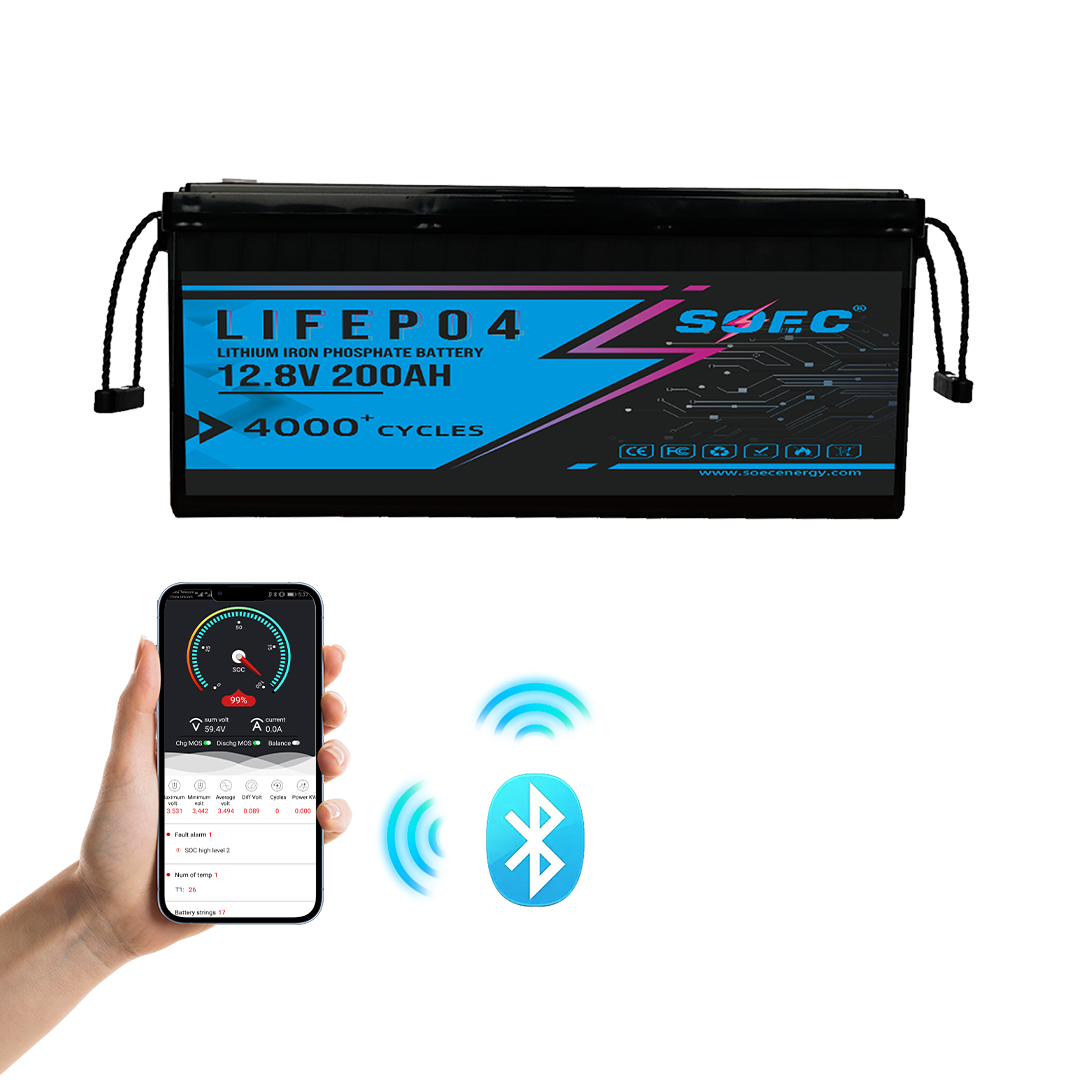 SOEC 12V 200Ah LiFePO4 Battery with Bluetooth, Heating, Active  equalization, Built-in Smart 200A BMS