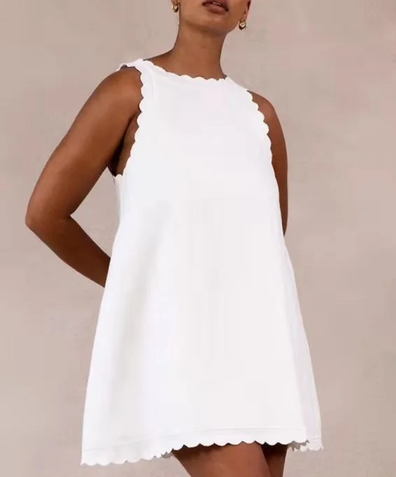 Casual Cotton And Linen Solid Color Embroidered Flounces Women's Dress White Dresses-Cosfine