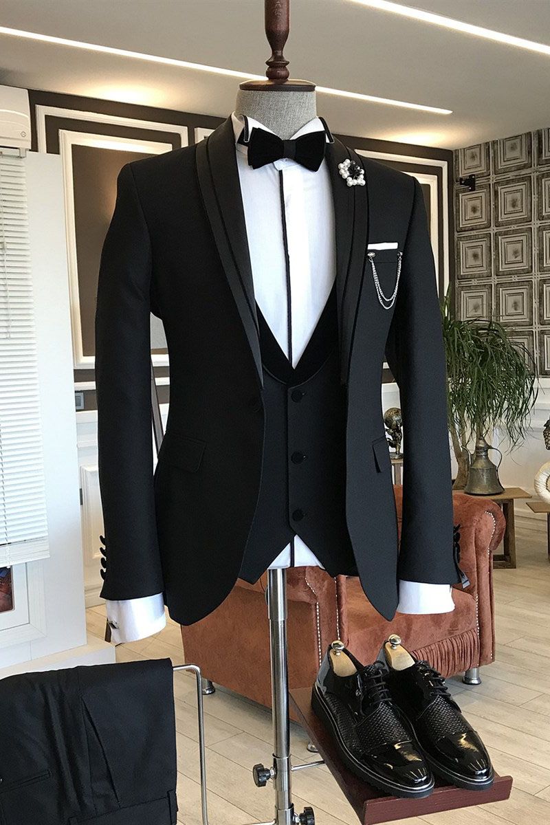 Dresseswow Three-pieces Black Shawl Lapel Wedding Suits Good Choice for grooms