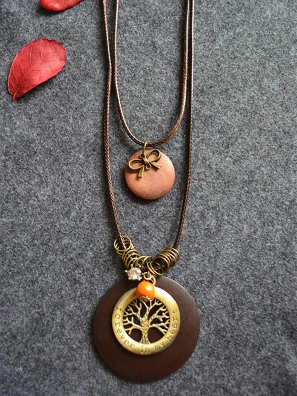Wood Two-Pieces Tree&Bowknot Pendant Necklace