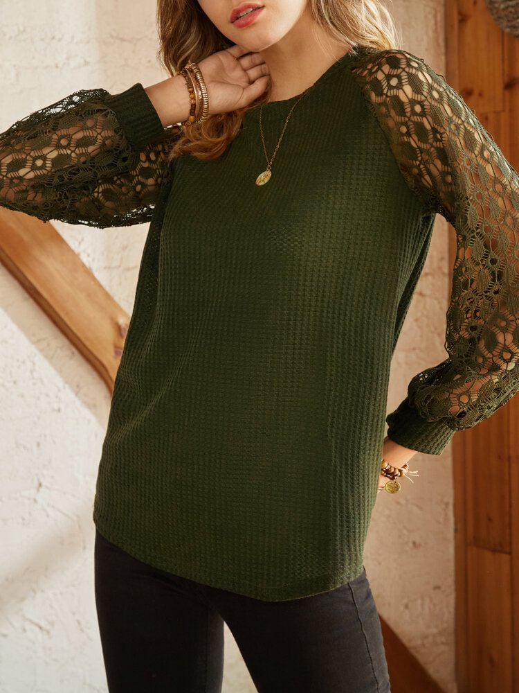 Lace Stitch Long Sleeve Solid Crew Neck Sweatshirt For Women