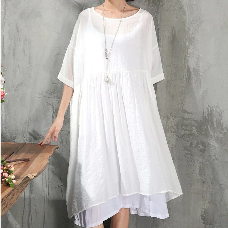 stylish white cotton dress plus size clothing cotton dress New short sleeve baggy dresses O neck cotton dress