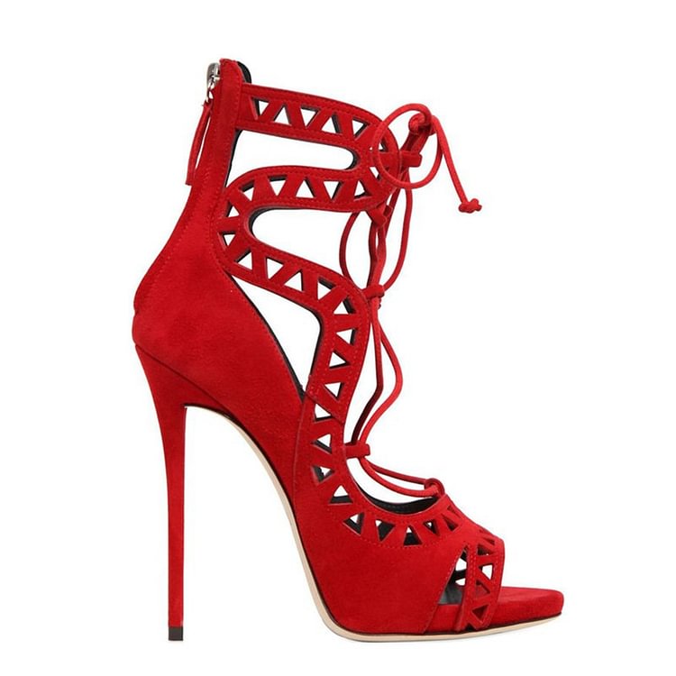 Red Lace up Heels Hollow out Stiletto Heels Strappy Pumps |FSJ Shoes
