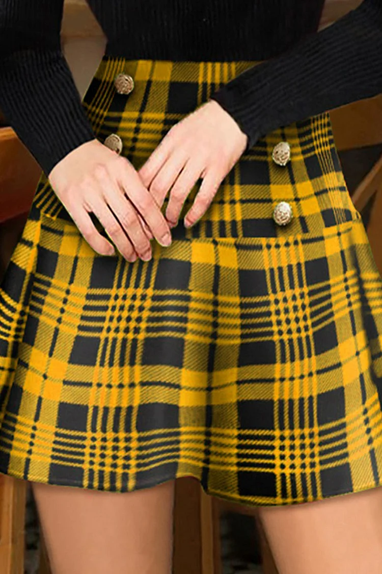 Yellow Casual Plaid Print Split Joint Buttons High Waist Type A Full Print Bottoms