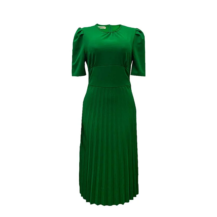 New Short Sleeve Pleated Solid Color Dress