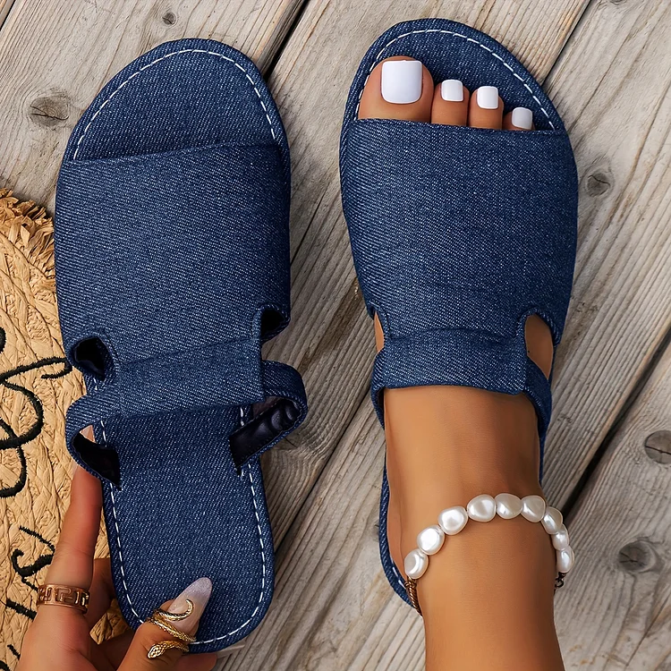 Women's Solid Color Slide Sandals, Casual Open Toe Flat Summer Shoes, Lightweight Denim Slide Sandals