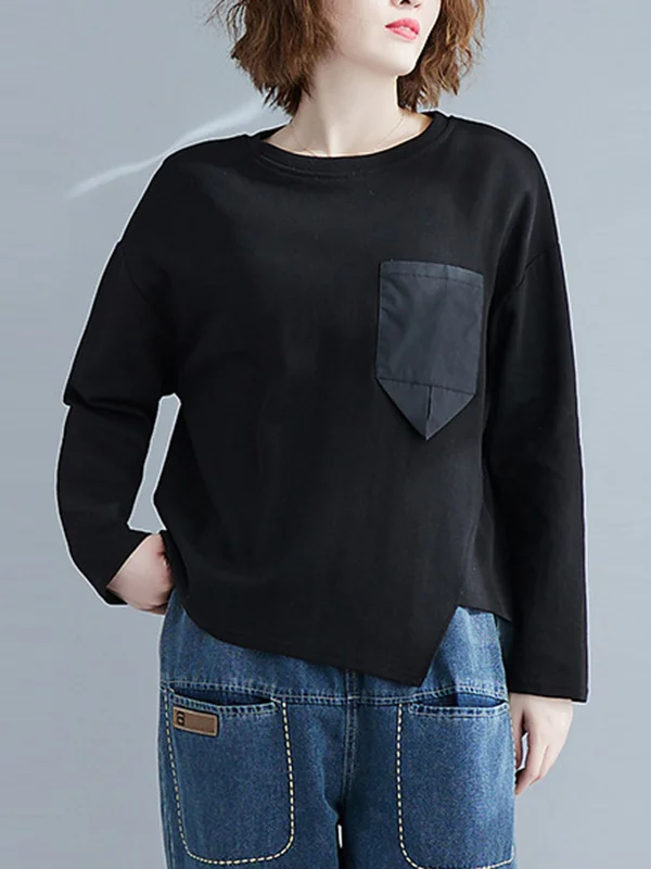 Artistic Retro Split-Joint Round-Neck Long Sleeves T-Shirt Top