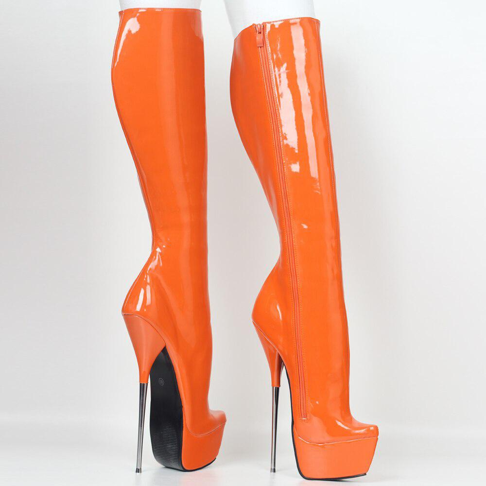 Knee High Heel Boots 21cm Extreme High Heel Ballet Boots Dancing Shoes Orange Leather Knee High Shoes Metal Heel