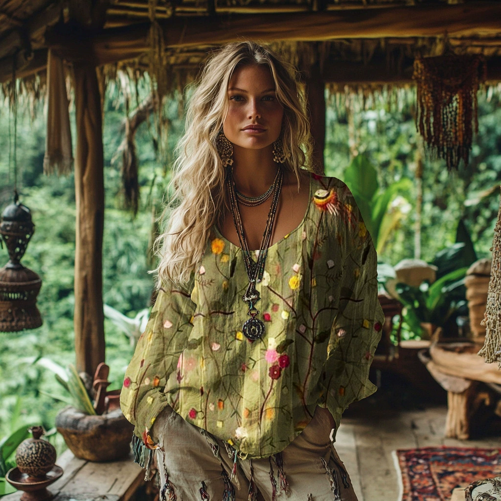 Linen-cotton Blend Bohemian-style Printed Long-sleeved Top - Helixace