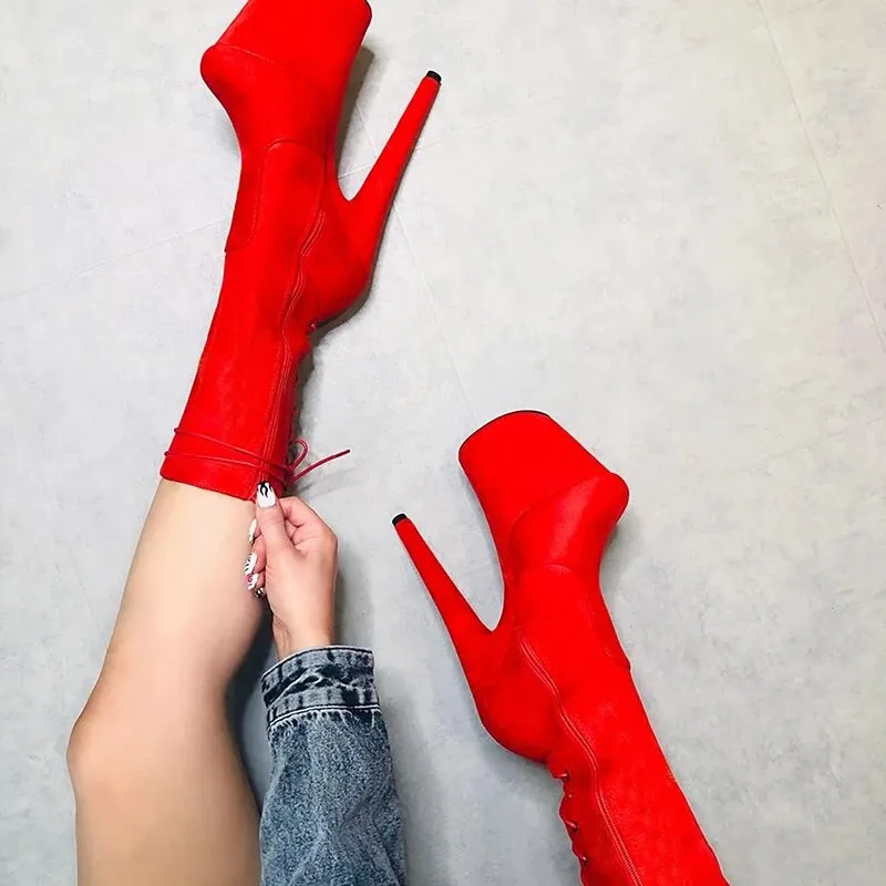 VCshoes Flock Round Toe Ankle Boots 20cm Catwalk Women's Pole Dance Stripper Heels Thin Heels Gothic Exotic Dancer Lace Up Queen Party
