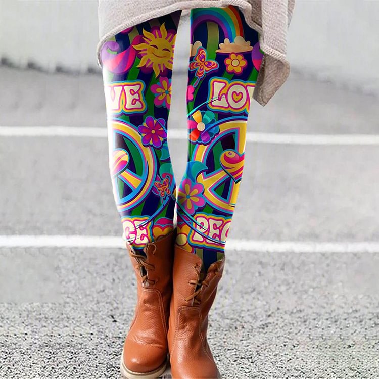 Love And Peace Print Casual Leggings
