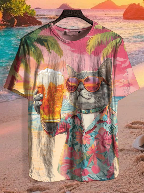 Men's Hawaiian Shirt Cat Drinking Beer On Vacation Painting Print T-Shirt