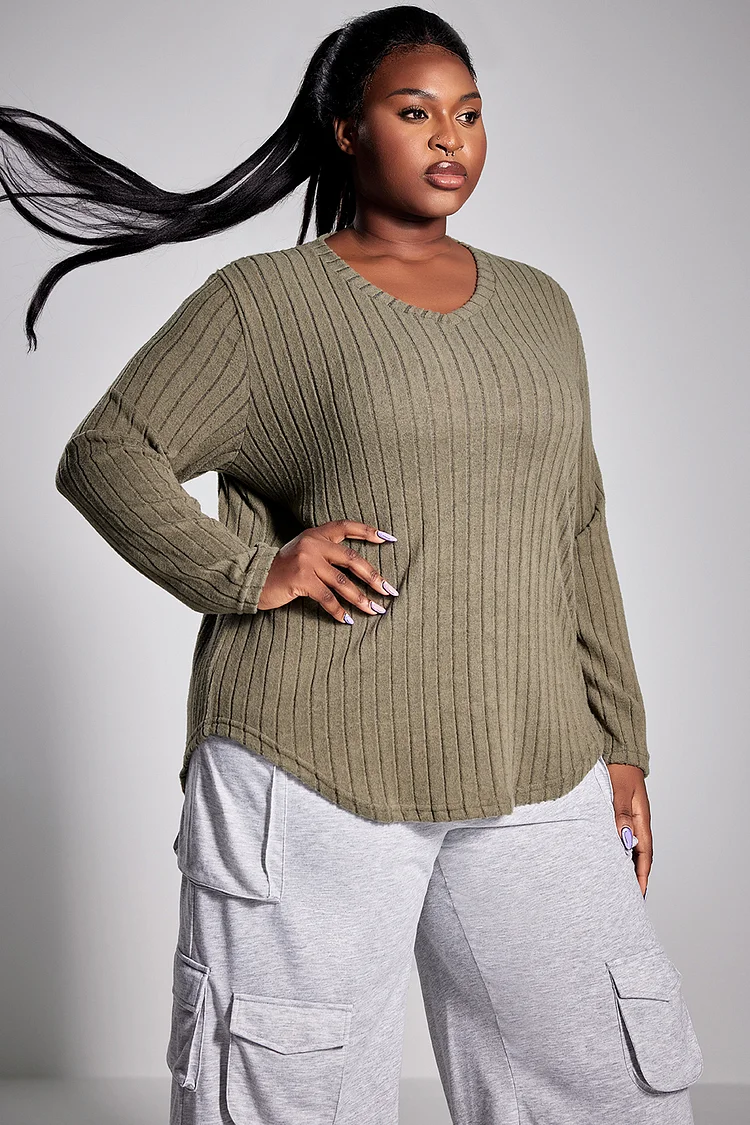 Plus Size Sport Top Light Green Knitted Crew Neck Top [Pre-Order]