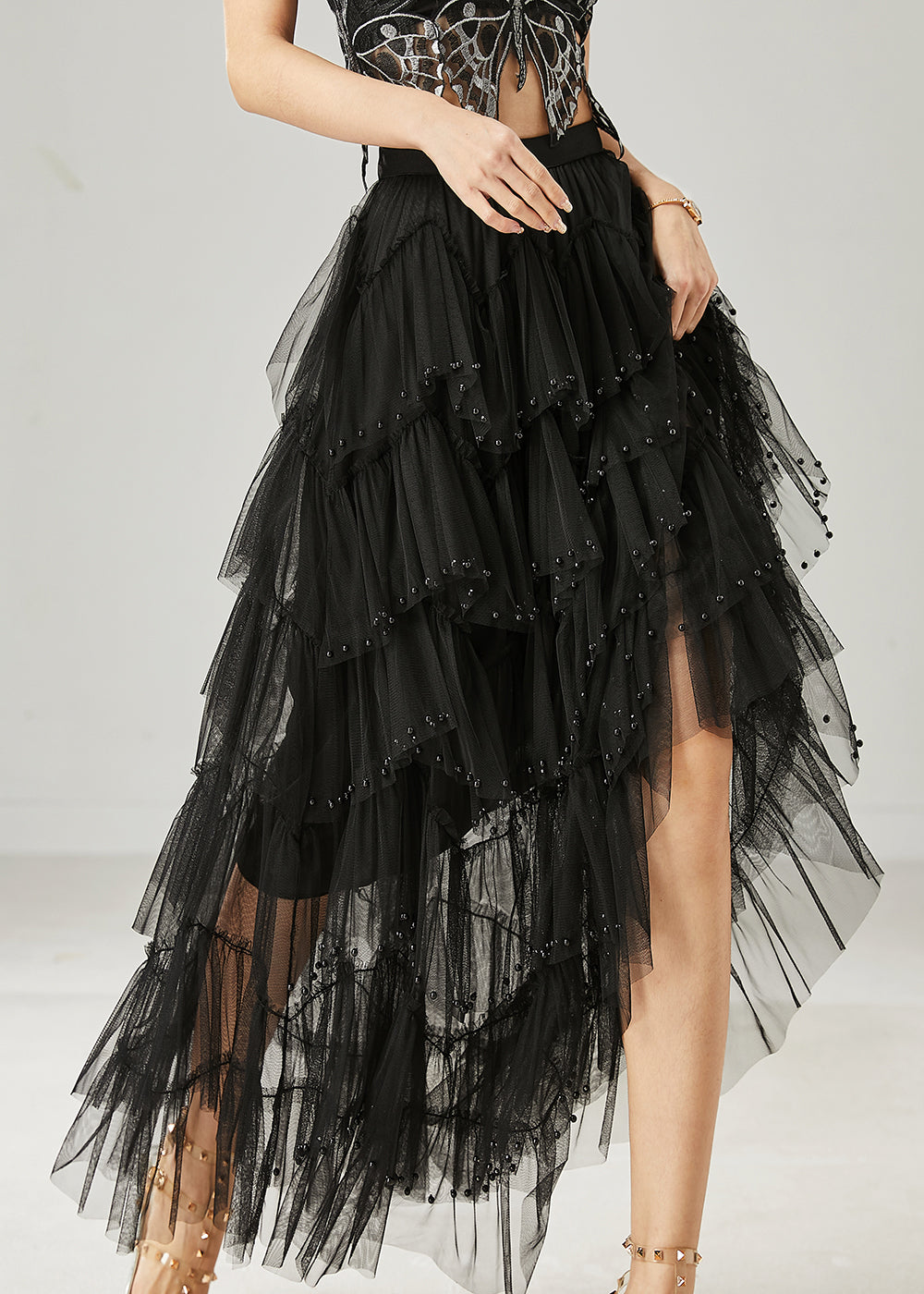 Fine Black Print Lace A Line Tulle Skirts Summer