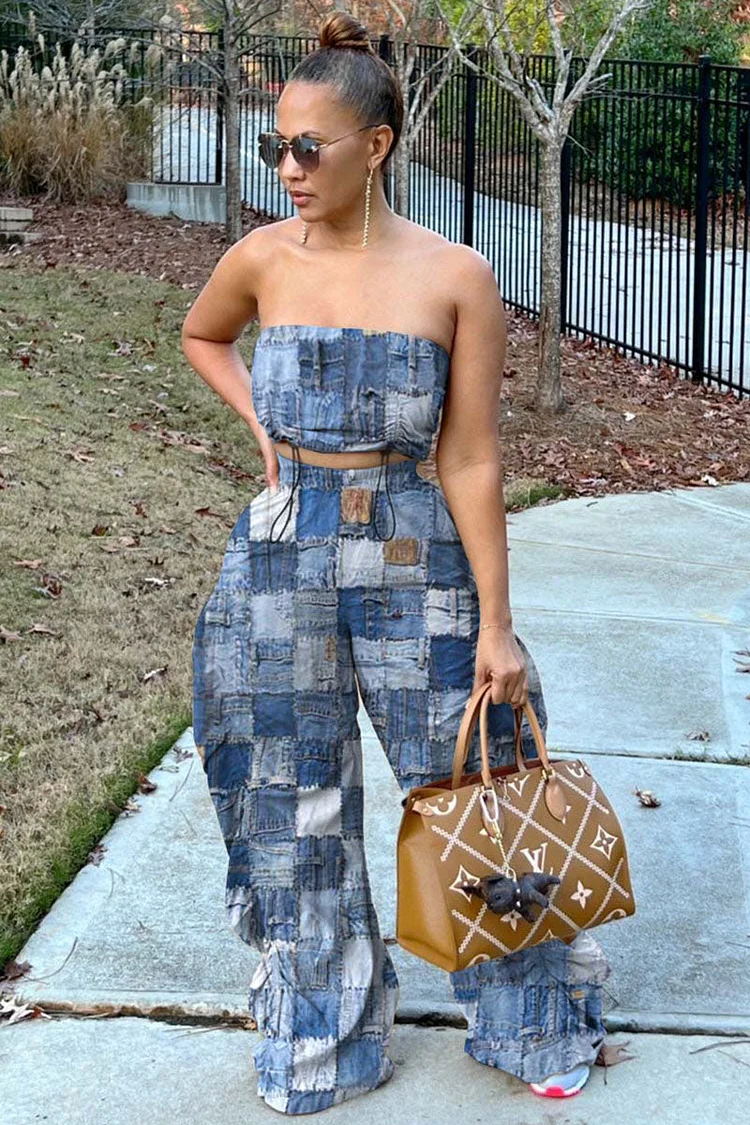 Colorblock Print Tube Crop Top Wide Leg Pants Two Piece Set