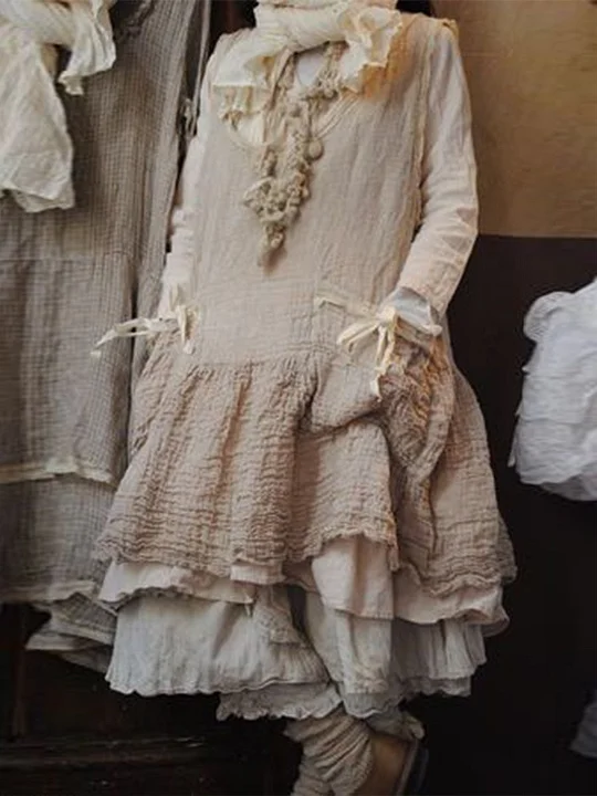 Pure Color Casual Linen Round Neck Dress