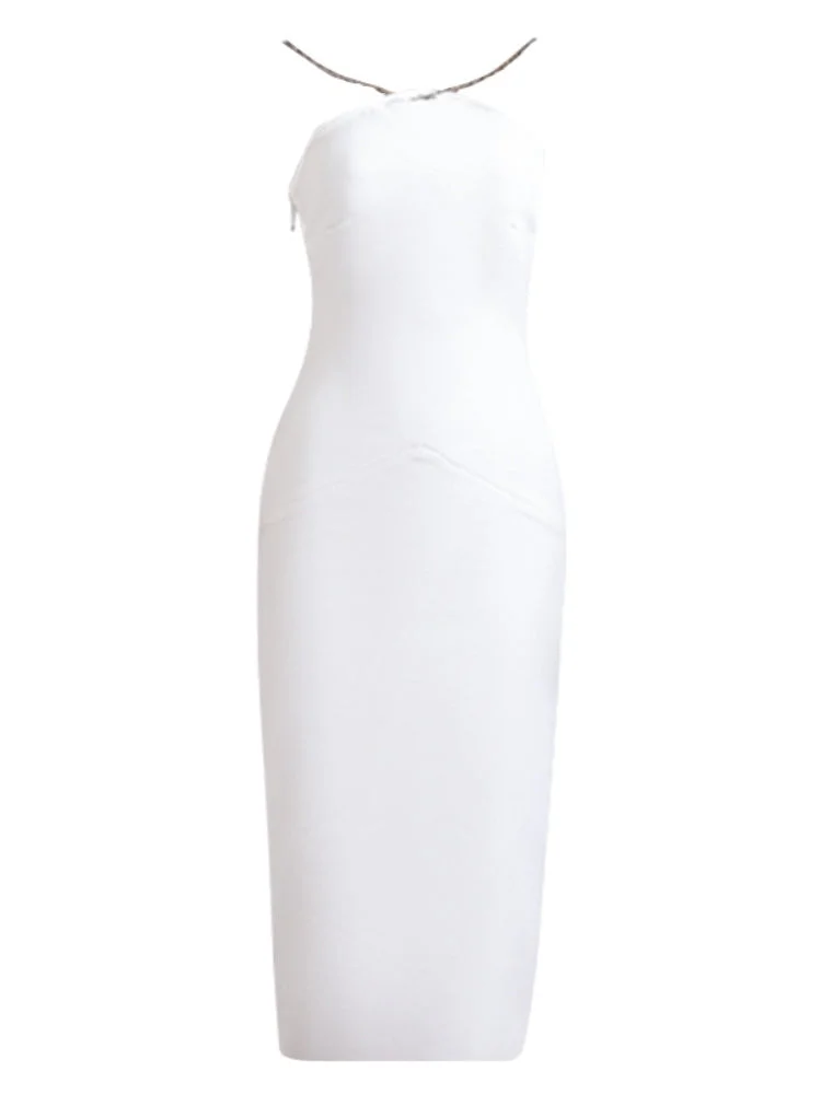 ABEBEY-White  Backless Chain Halter Sleeveless Dress