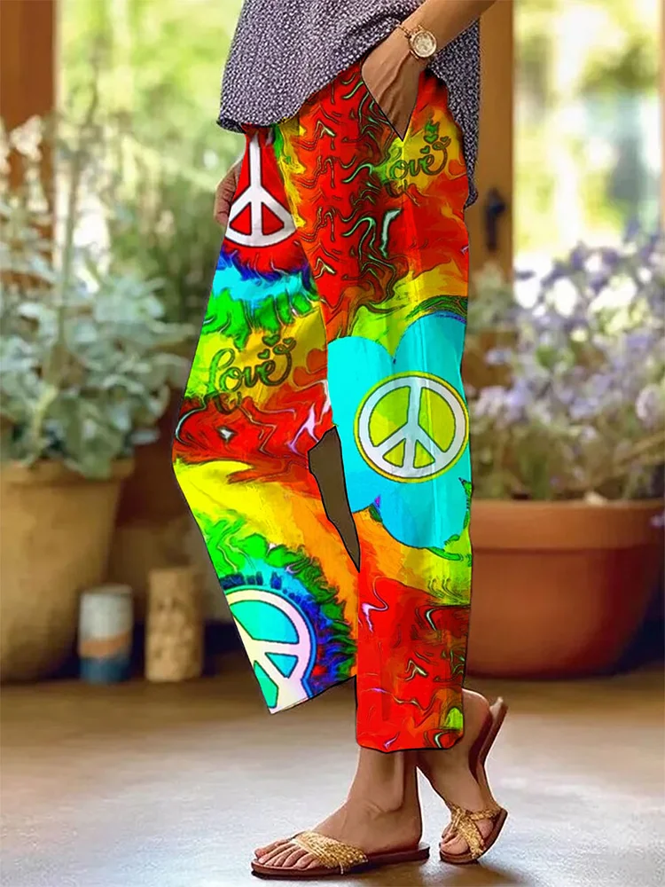 Women's Colorful Peace Sign Printed Casual Wide Leg Pants socialshop