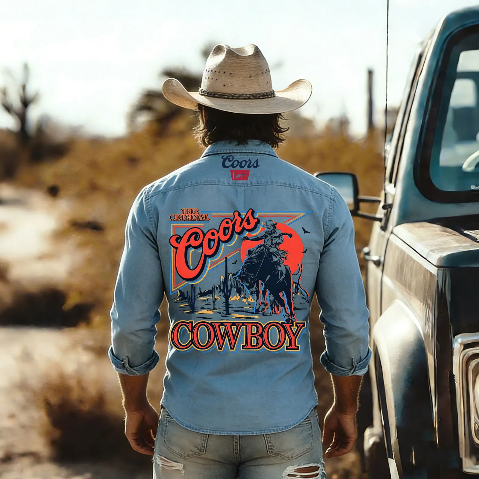 Cotton Western Cowboy Shirt With Graphic Print - Classic Denim Style For Men