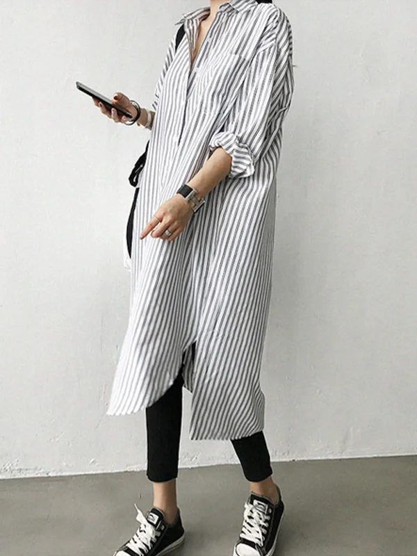 Simple Striped Loose Long Shirt Skirt