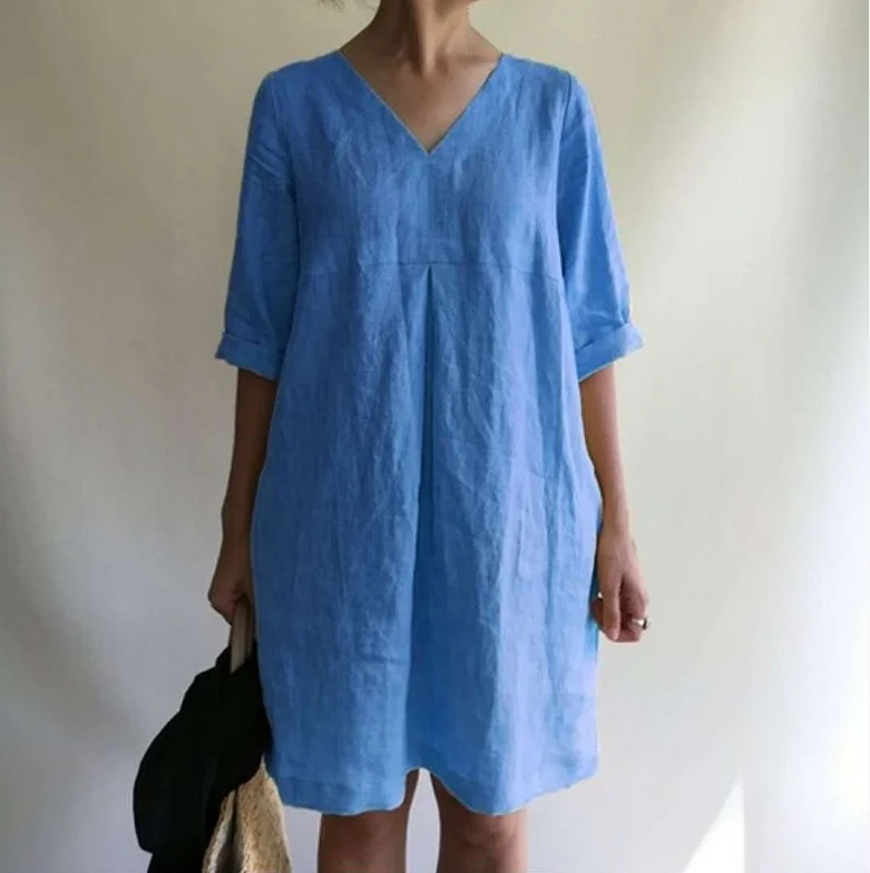 V-neck Solid Cotton Linen 9/4 Sleeve Dress