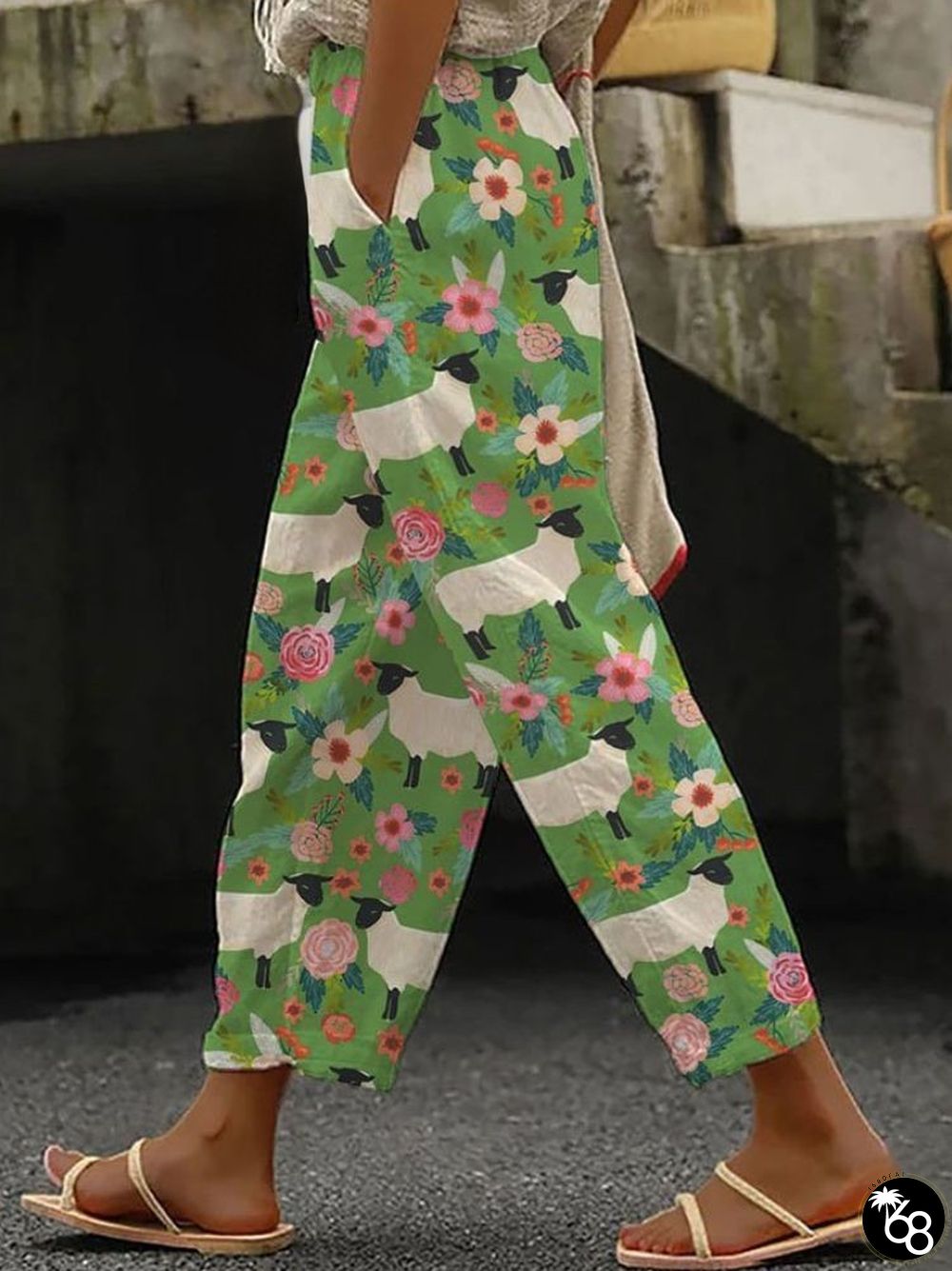 Fun Sheep And Floral Print Pocket Casual Pants | 168DEAL