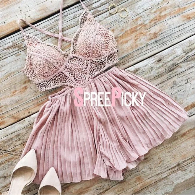Pink Hallow Lace Pleated One Piece Pantskirt SP179461