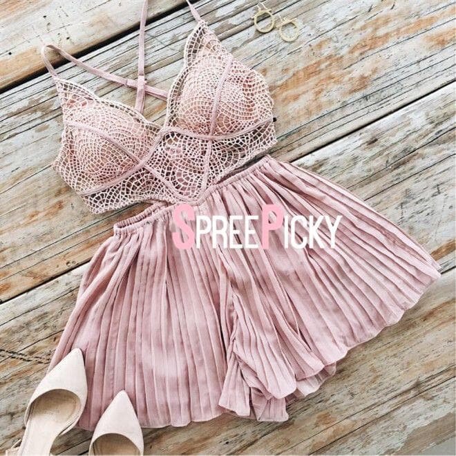 Pink Hallow Lace Pleated One Piece Pantskirt SP179461