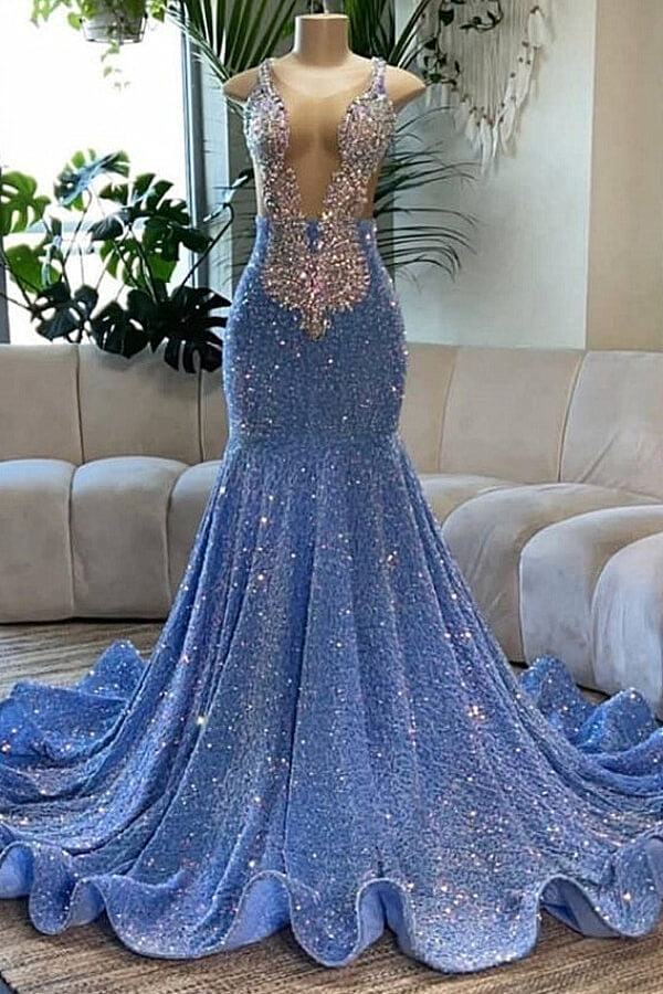 Dresseswow Light Blue Scoop Sleeveless Mermaid Evening Gowns With Sequins Beadings