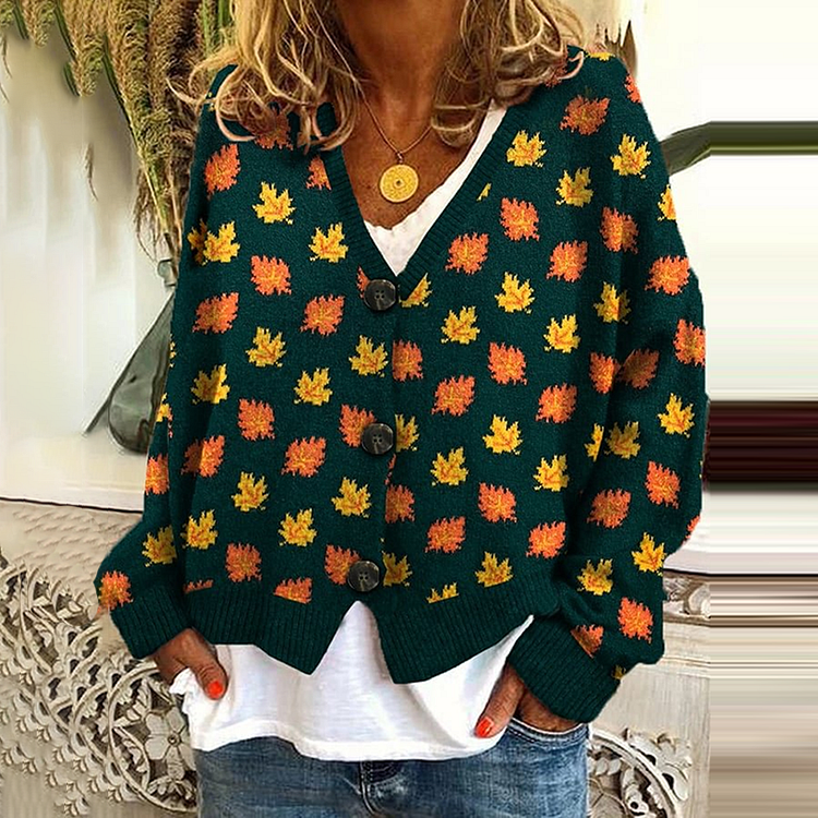 Vintage Falling Maple Leaf Design Print Women's Cardigan Sweater